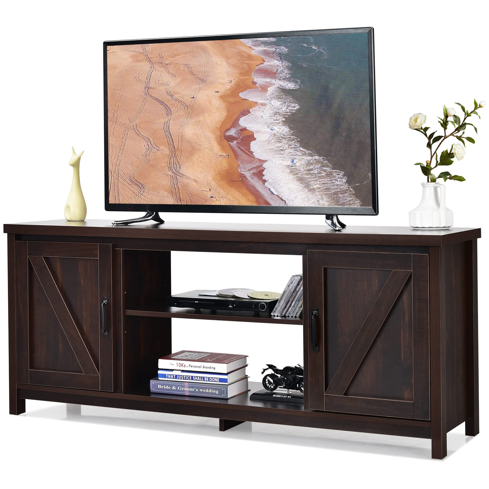 Meuble TV Tangkula Barn Door, Table Console TV pour téléviseurs jusqu'à 65 pouces